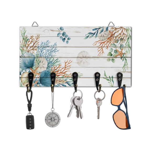 Key Holder for Wall Coral Seagrass Key Hooks Wood Wall Mounted Key Holder Eucalyptus Starfish Shell Wood Key Rack Organizer with 5 Hooks for Entryway, Hallway Office Bathroom Kitchen Home Decor