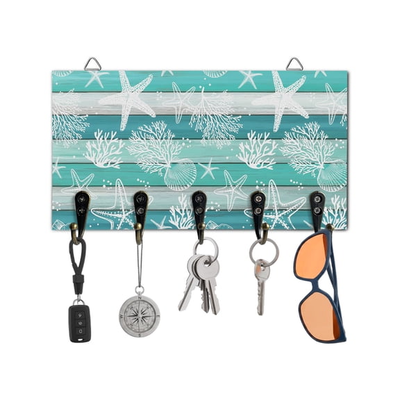 Key Holder for Wall Coral Starfish Key Hooks Wood Wall Mounted Key Holder Ocean Shell Marine Life Turquoise Wood Key Rack Organizer with 5 Hooks for Entryway, Hallway Office Bathroom Kitchen Decor
