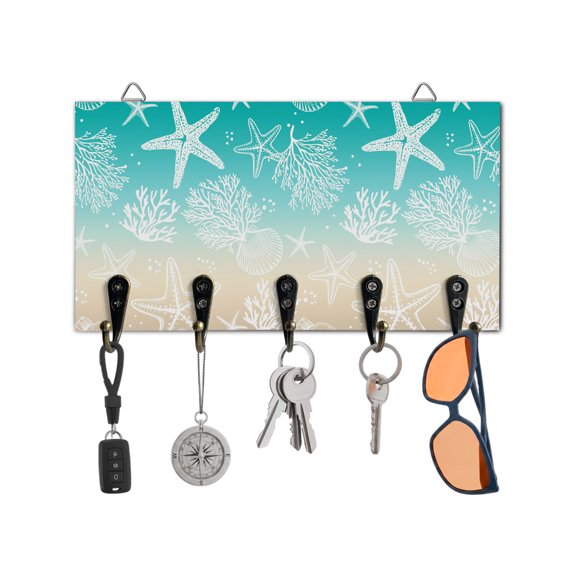 Key Holder for Wall Coral Starfish Key Hooks Wood Wall Mounted Key Holder Ombre Teal Yellow Shell Marine Life Key Rack Organizer with 5 Hooks for Entryway, Hallway Office Bathroom Kitchen Home Decor