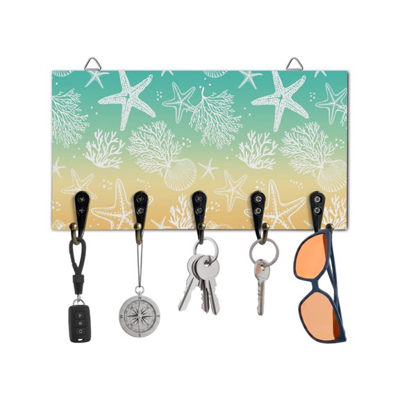 Key Holder for Wall Coral Starfish Key Hooks Wood Wall Mounted Key Holder Ombre Yellow Geen Shell Marine Life Key Rack Organizer with 5 Hooks for Entryway, Hallway Office Bathroom Kitchen Home Decor