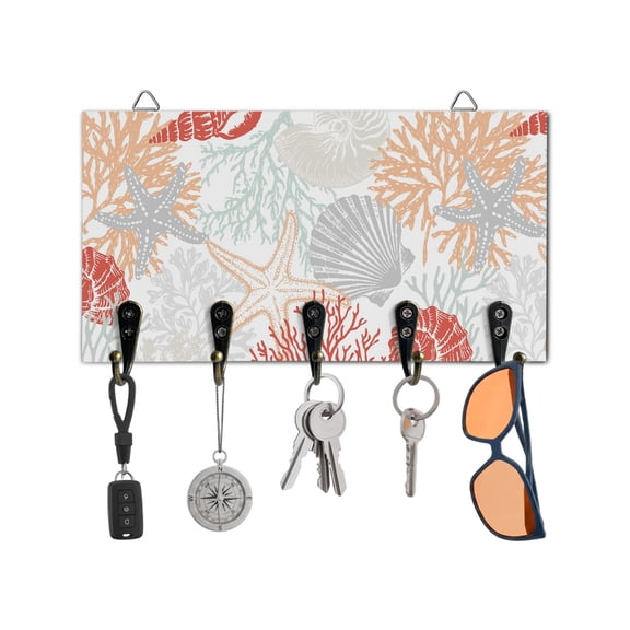 Key Holder for Wall Coral Starfish Key Hooks Wood Wall Mounted Key Holder Orange Red Coastal Shell Conch Key Rack Organizer with 5 Hooks for Entryway, Hallway Office Bathroom Kitchen Home Decor