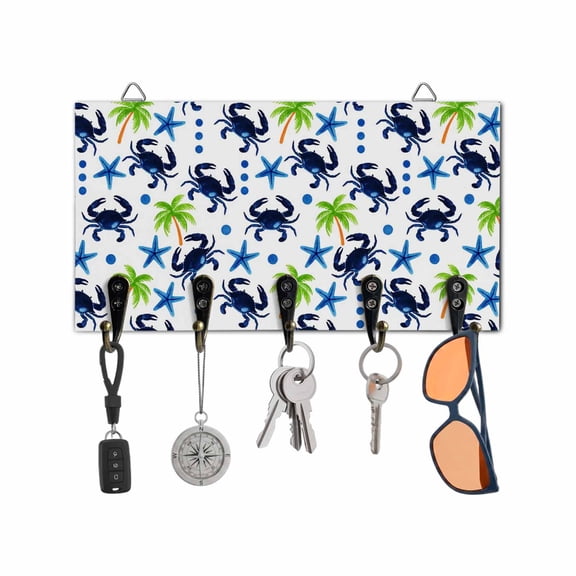 Key Holder for Wall Crab Starfish Key Hooks Wood Wall Mounted Key Holder Summer Tropical Coconut Tree Key Rack Organizer with 5 Hooks for Entryway, Hallway Office Bathroom Kitchen Home Decor