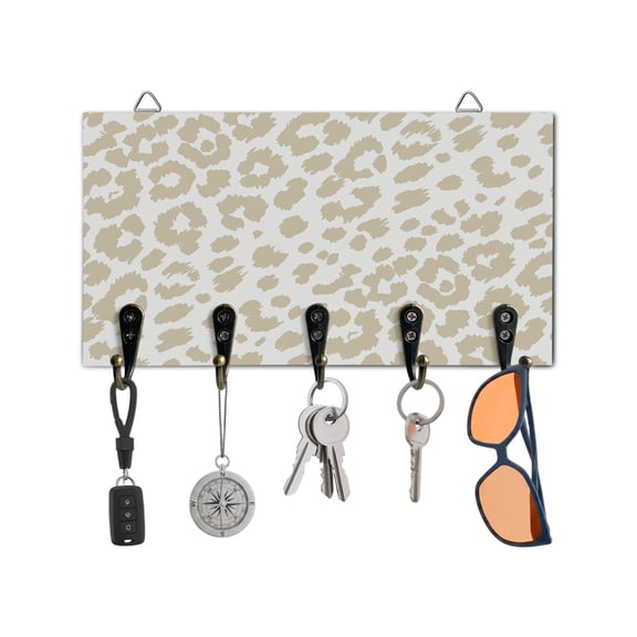 Key Holder for Wall Cream Leopard Print Key Hooks Wood Wall Mounted Key Holder Animal Fur Skin Key Rack Organizer with 5 Hooks for Entryway, Hallway Office Bathroom Kitchen Home Decor