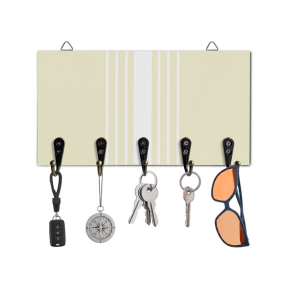 Key Holder for Wall Cream Vertical Stripes Key Hooks Wood Wall Mounted Key Holder Classic Striped Key Rack Organizer with 5 Hooks for Entryway, Hallway Office Bathroom Kitchen Home Decor