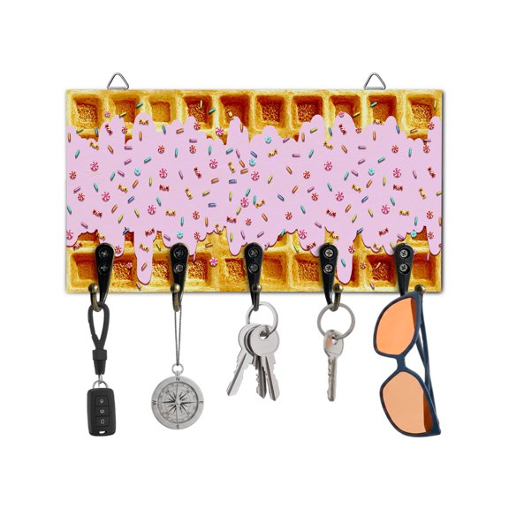 Key Holder for Wall Creamy Sugar Waffles Key Hooks Wood Wall Mounted Key Holder Pink Delicious Desert Key Rack Organizer with 5 Hooks for Entryway, Hallway Office Bathroom Kitchen Home Decor
