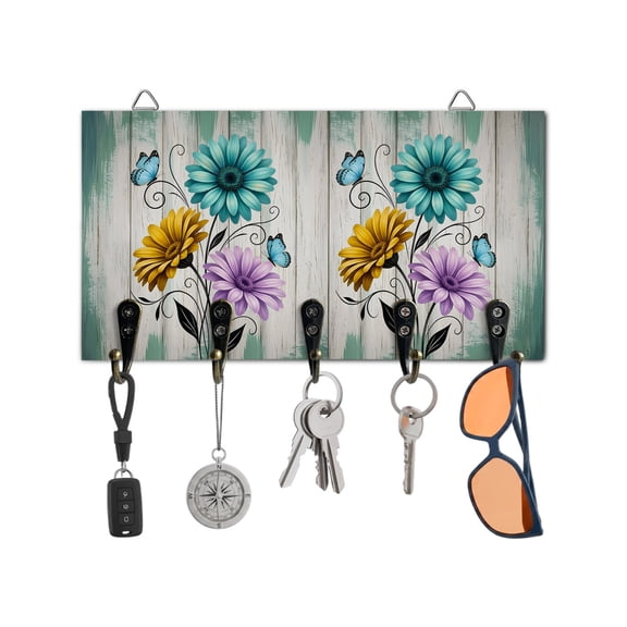 Key Holder for Wall Daisy Flower Key Hooks Wood Wall Mounted Key Holder Butterfly Turquoise Rustic Wood Grain Key Rack Organizer with 5 Hooks for Entryway, Hallway Office Bathroom Kitchen Home Decor