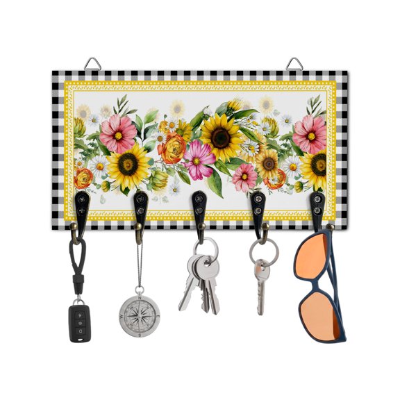 Key Holder for Wall Daisy Sunflowe Key Hooks Wood Wall Mounted Key Holder Summer Floral Black Buffalo Plaid Key Rack Organizer with 5 Hooks for Entryway, Hallway Office Bathroom Kitchen Home Decor