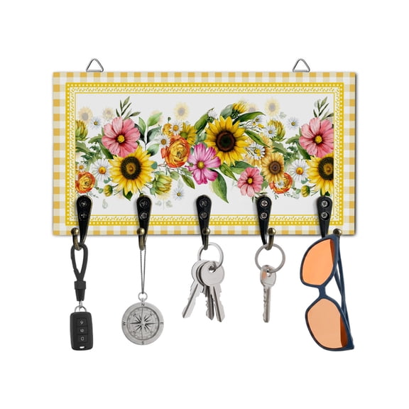 Key Holder for Wall Daisy Sunflowe Key Hooks Wood Wall Mounted Key Holder Summer Floral Yellow Buffalo Plaid Key Rack Organizer with 5 Hooks for Entryway, Hallway Office Bathroom Kitchen Home Decor