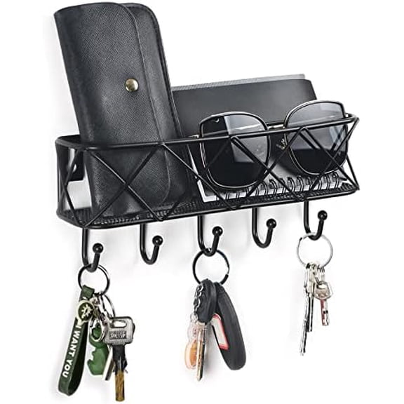 Key Holder for Wall Decorative, Entryway Key Hooks, Wall Mounted Key Rack with 5 Hooks, Metal Wire Mesh Basket Mail Holder, 9.8Lx2.1Wx4.1H$$Home Decor, Kitchen, & Other