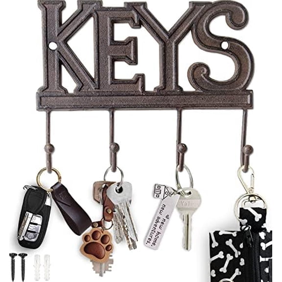 Key Holder for Wall - Decorative Farmhouse Rustic Wall Mount Key Organizer with 4 Hooks - Vintage Cast Iron Key Rack with Screws and Anchors – 6x8 - Brown