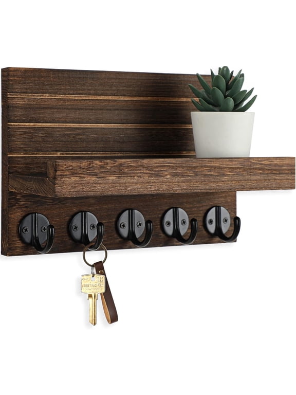 Key Holder for Wall, Decorative Key and Mail Holder with Shelf Has Large Hooks for Bags, Coats, Umbrella – Paulownia Wood Key Hanger with Mounting Hardware