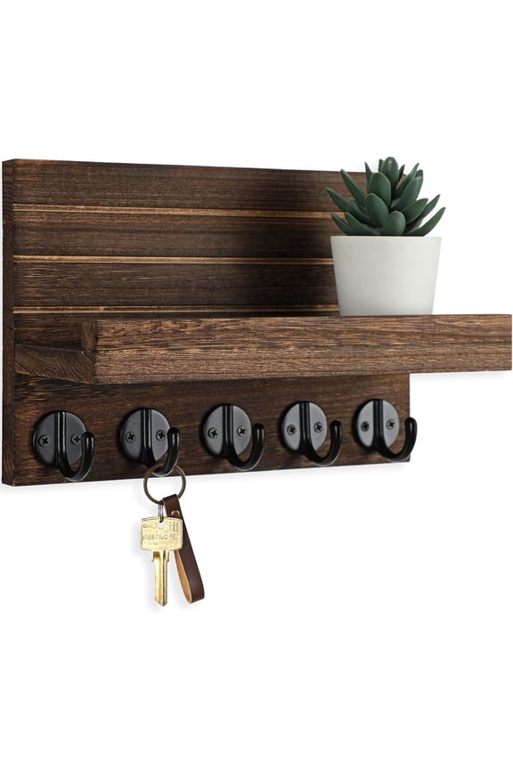 Key Holder for Wall, Decorative Key and Mail Holder with Shelf Has Large Hooks for Bags, Coats, Umbrella – Paulownia Wood Key Hanger with Mounting Hardware