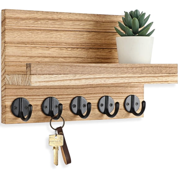 Key Holder for Wall, Decorative Key and Mail Holder with Shelf Has Large Hooks for Bags, Coats, Umbrella – Paulownia Wood Key Hanger with Mounting Hardware (9.8”W x 6.7”H x 4.2”D)