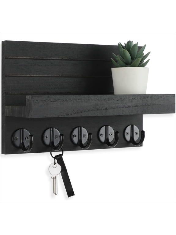Key Holder for Wall, Decorative Key and Mail Holder with Shelf Has Large Hooks for Bags, Coats, Umbrella – Paulownia Wood Key Hanger with Mounting Hardware (9.8”W x 6.7”H x 4.2”D)