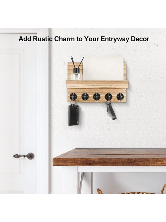 Key Holder for Wall, Decorative Key and Mail Holder with Shelf Has Large Hooks for Bags, Coats, Umbrella – Paulownia Wood Key Hanger with Mounting Hardware (9.8”W x 6.7”H x 4.2”D)