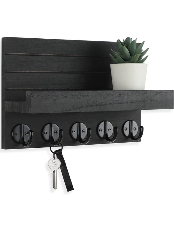 Key Holder for Wall, Decorative Key and Mail Holder with Shelf Has Large Hooks for Bags, Coats, Umbrella – Paulownia Wood Key Hanger with Mounting Hardware (9.8”W x 6.7”H x 4.2”D)