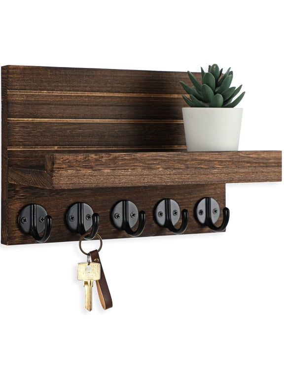 Key Holder for Wall, Decorative Key and Mail Holder with Shelf Has Large Hooks for Bags, Coats, Umbrella – Paulownia Wood Key Hanger with Mounting Hardware (9.8”W x 6.7”H x 4.2”D)