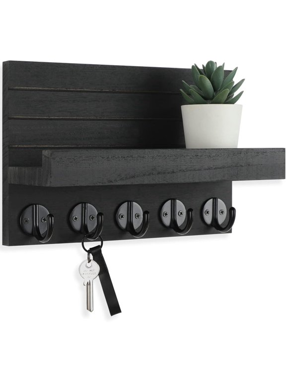 Key Holder for Wall, Decorative Key and Mail Holder with Shelf Has Large Hooks for Bags, Coats, Umbrella–Paulownia Wood Key Hanger with Mounting Hardware (9.8”W x 6.7”H x 4.2”D)