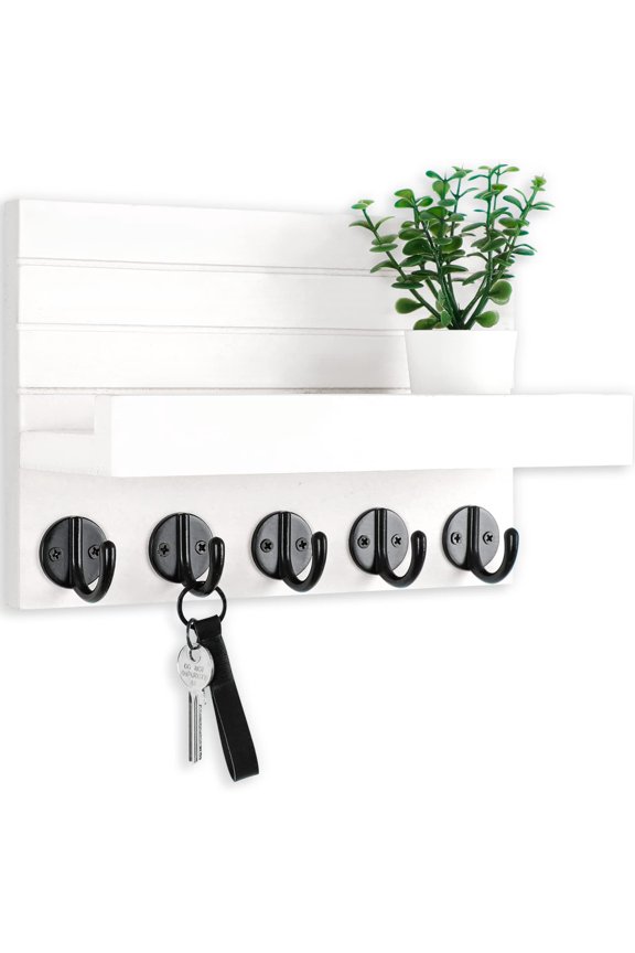 Key Holder for Wall, Decorative Key and Mail Holder with Shelf Has Large Hooks for Bags, Coats, Umbrella – Paulownia Wood Key Hanger with Mounting Hardware