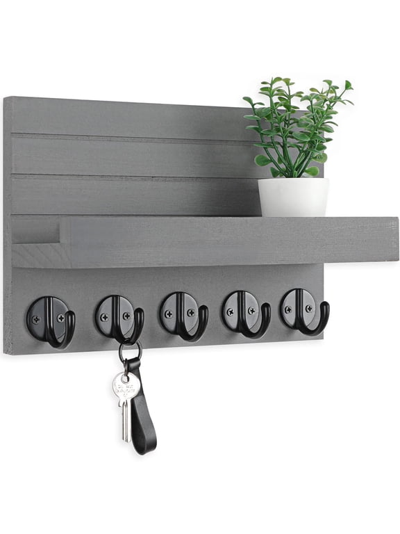 Key Holder for Wall, Decorative Key and Mail Holder with Shelf Has Large Hooks for Bags, Coats, Umbrella – Paulownia Wood Key Hanger with Mounting Hardware