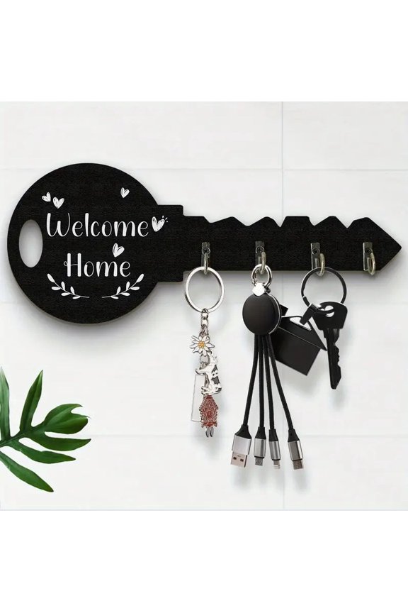 Key Holder for Wall, Decorative Key and Mail Holder with Shelf Has Large Key Hooks for Bags, Coats – Paulownia Wood Key Hanger with Mounting Hardware (11.61”W x 4.7”H) (Black)