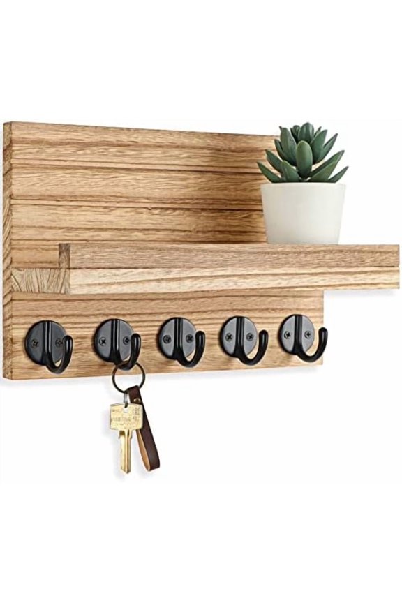 Key Holder for Wall, Decorative Key and Mail Holder with Shelf Has Large Key Hooks for Bags, Coats – Paulownia Wood Key Hanger with Mounting Hardware (9.8”W x 6.7”H x 4.2”D) (Burnt Wood)