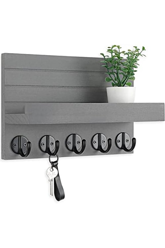 Key Holder for Wall, Decorative Key and Mail Holder with Shelf Has Large Key Hooks for Bags, Coats, Umbrella – Paulownia Wood Key Hanger with Mounting Hardware (9.8”W x 6.7”H x 4.2”D)