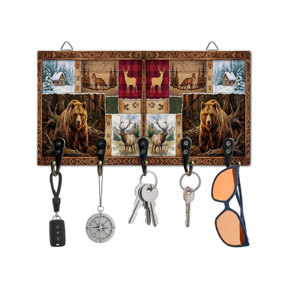 Key Holder for Wall Deer Fox Bear Key Hooks Wood Wall Mounted Key Holder Wild Animals Woodland Key Rack Organizer with 5 Hooks for Entryway, Hallway Office Bathroom Kitchen Home Decor