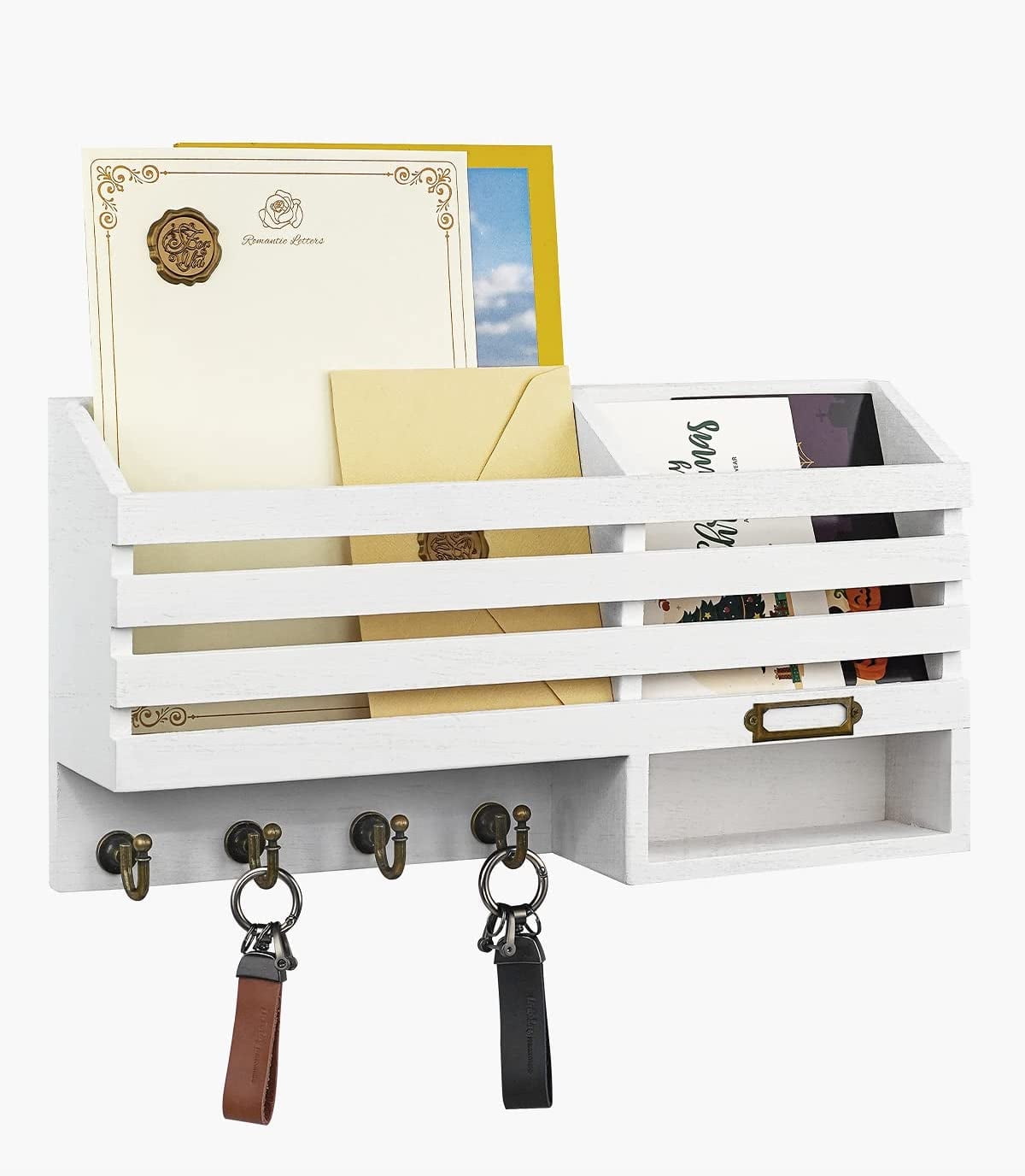 Key Holder for Wall,Dinosam Double Mail Organizer Wall Mount with Store Shelf and 4 Sturdy Hooks,Hanging Key Rack Hanger for Entryway, Hallway, Bedroom, Living Room and Office,White