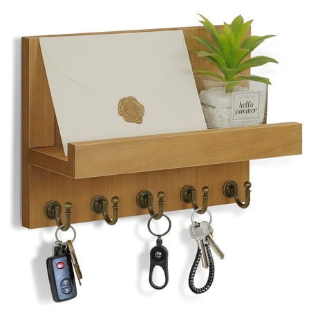 Key Holder for Wall, Dinosam Mail Organizer Wall Mount with 5 Key Hook and Mail Holder, Designer Key Rack Suitable for Entryway, Hallway, Bedroom, Living Room and Office,Brown