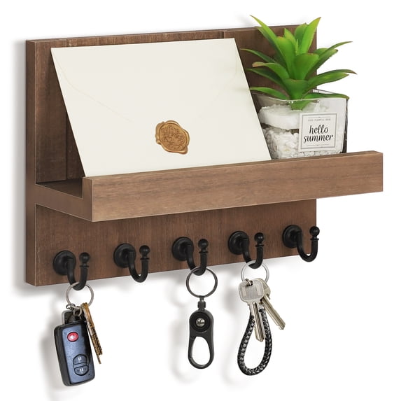 Key Holder for Wall, Dinosam Mail Organizer Wall Mount with 5 Key Hook and Mail Holder, Designer Key Rack Suitable for Entryway, Hallway, Bedroom, Living Room and Office,Light Brown