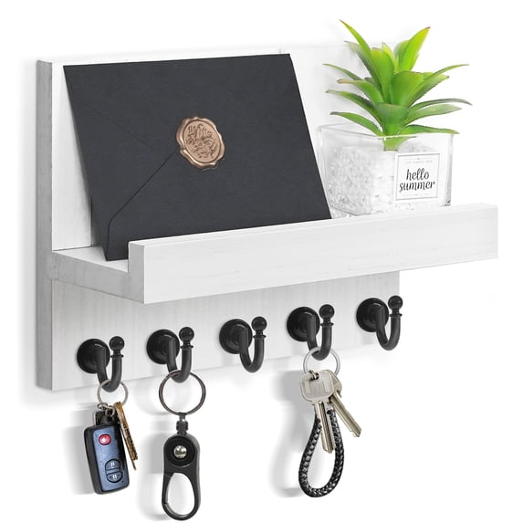Key Holder for Wall, Dinosam Mail Organizer Wall Mount with 5 Key Hook and Mail Holder, Designer Key Rack Suitable for Entryway, Hallway, Bedroom, Living Room and Office,White