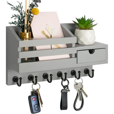 Key Holder for Wall,Dinosam Mail Organizer Wall Mount with Drawer,Mail Holder Shelf and 6 Sturdy Hooks,Hanging Key Rack Hanger for Entryway, Hallway, Bedroom, Living Room and Office,Gray