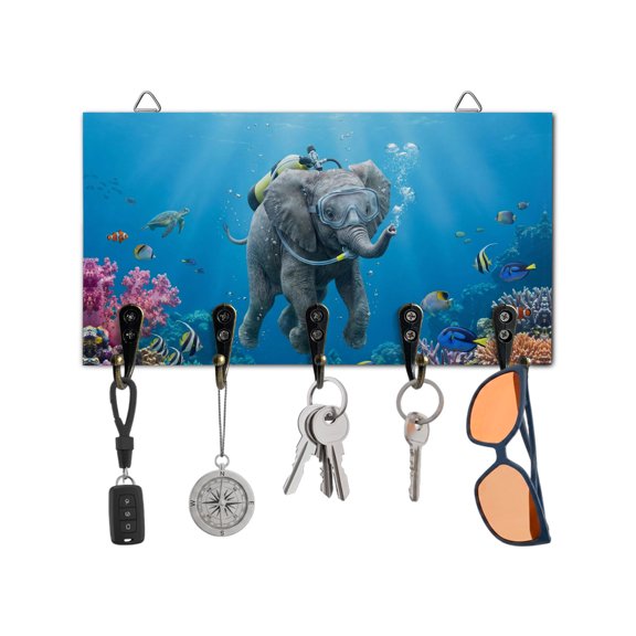 Key Holder for Wall Diving Elephant Key Hooks Wood Wall Mounted Key Holder Funny Animal Fish Coral Ocean Seafloor Key Rack Organizer with 5 Hooks for Entryway, Hallway Office Bathroom Kitchen Decor