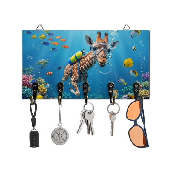 Key Holder for Wall Diving Giraffe Key Hooks Wood Wall Mounted Key Holder Funny Animal Fish Coral Ocean Seafloor Key Rack Organizer with 5 Hooks for Entryway, Hallway Office Bathroom Kitchen Decor