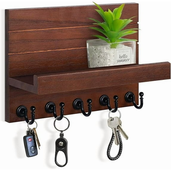 Key Holder for Wall, Domaci Mail Organizer Wall Mount with 5 Key Hooks and Mail Holder, Key Rack Suitable for Entryway, Hallway, Bedroom, Living Room and Office, Brown
