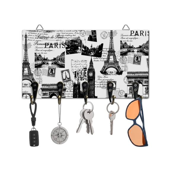 Key Holder for Wall Eiffel Tower Key Hooks Wood Wall Mounted Key Holder Black France Paris Travel Landscape Key Rack Organizer with 5 Hooks for Entryway, Hallway Office Bathroom Kitchen Home Decor
