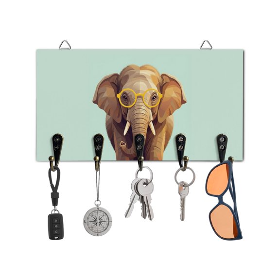 Key Holder for Wall Elephant Wear Glasses Key Hooks Wood Wall Mounted Key Holder Blue Funny Animal Key Rack Organizer with 5 Hooks for Entryway, Hallway Office Bathroom Kitchen Home Decor