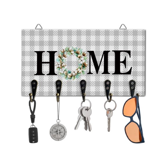 Key Holder for Wall Eucalyptus Leaf Cotton Wreath Key Hooks Wood Wall Mounted Key Holder Buffalo Plaid Home Key Rack Organizer with 5 Hooks for Entryway, Hallway Office Bathroom Kitchen Home Decor