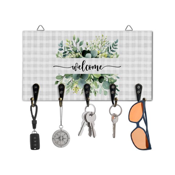 Key Holder for Wall Eucalyptus Leaves Key Hooks Wood Wall Mounted Key Holder Grey Buffalo Plaid Welcome Key Rack Organizer with 5 Hooks for Entryway, Hallway Office Bathroom Kitchen Home Decor