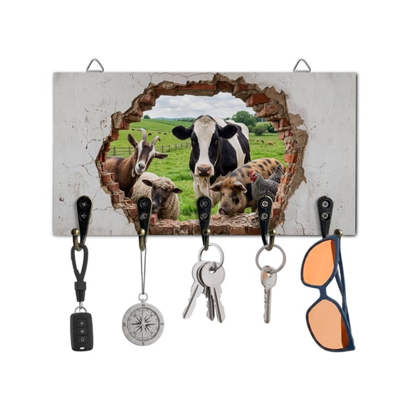 Key Holder for Wall Farm Animal Key Hooks Wood Wall Mounted Key Holder Broken Wall Pasture Landscape Key Rack Organizer with 5 Hooks for Entryway, Hallway Office Bathroom Kitchen Home Decor