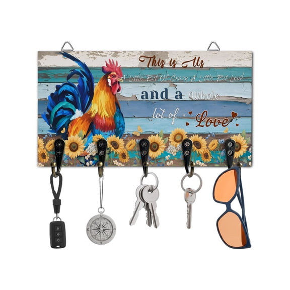 Key Holder for Wall Farm Rooster Sunflower Key Hooks Wood Wall Mounted Key Holder Blue Wood Grain Chicken Animal Key Rack Organizer with 5 Hooks for Entryway, Hallway Office Bathroom Kitchen Decor