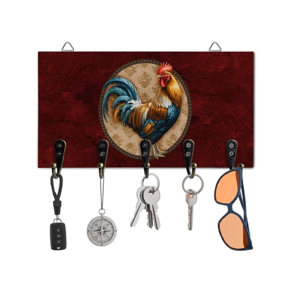 Key Holder for Wall Farmhouse Chicken Rooster Cock Key Hooks Wood Wall Mounted Key Holder Vintage Red Farm Animal Key Rack Organizer with 5 Hooks for Entryway, Hallway Office Bathroom Kitchen Decor