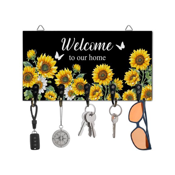 Key Holder for Wall Farmhouse Sunflower Key Hooks Wood Wall Mounted Key Holder Welcome to Our Home Key Rack Organizer with 5 Hooks for Entryway, Hallway Office Bathroom Kitchen Home Decor