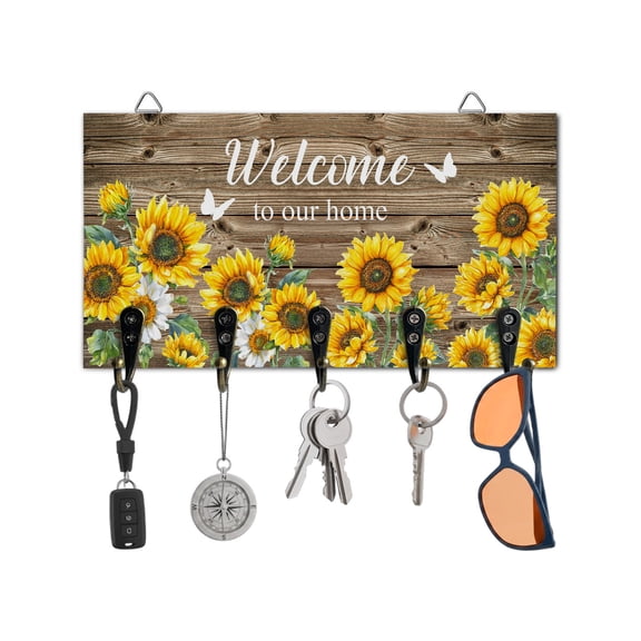 Key Holder for Wall Farmhouse Sunflower Key Hooks Wood Wall Mounted Key Holder Wood Welcome to Our Home Key Rack Organizer with 5 Hooks for Entryway, Hallway Office Bathroom Kitchen Home Decor