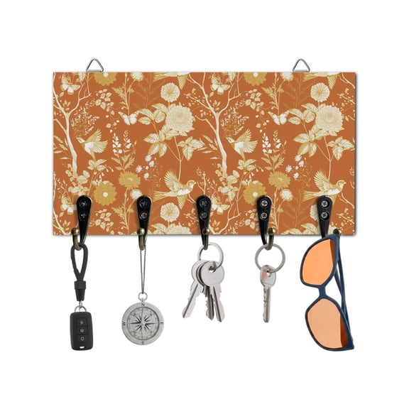 Key Holder for Wall Floral Bird Key Hooks Wood Wall Mounted Key Holder Orange Flower Tree Branch Key Rack Organizer with 5 Hooks for Entryway, Hallway Office Bathroom Kitchen Home Decor
