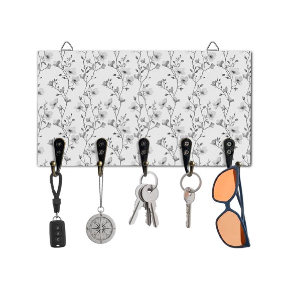 Key Holder for Wall Floral Key Hooks Wood Wall Mounted Key Holder Flower Tree Branch Gray Key Rack Organizer with 5 Hooks for Entryway, Hallway Office Bathroom Kitchen Home Decor