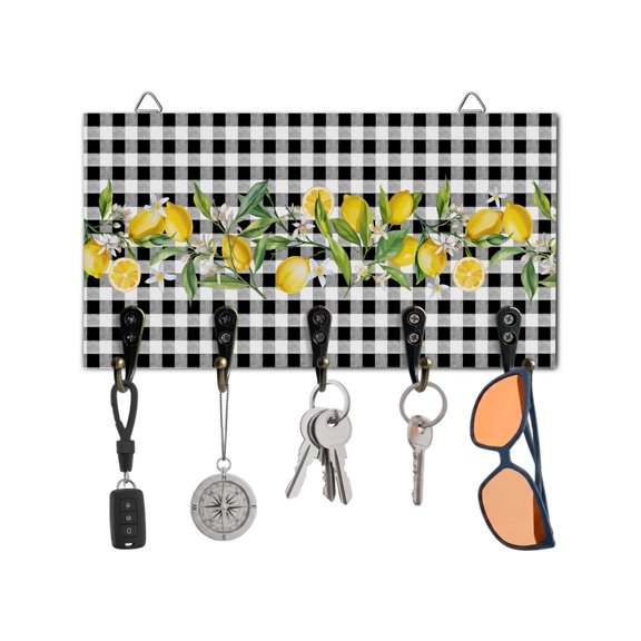 Key Holder for Wall Floral Leaf Lemon Key Hooks Wood Wall Mounted Key Holder Branch Black Buffalo Plaid Key Rack Organizer with 5 Hooks for Entryway, Hallway Office Bathroom Kitchen Home Decor