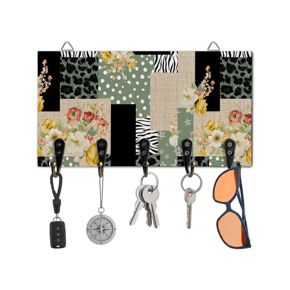 Key Holder for Wall Floral Patchwork Collage Key Hooks Wood Wall Mounted Key Holder Green Zebra Leopard Print Key Rack Organizer with 5 Hooks for Entryway, Hallway Office Bathroom Kitchen Home Decor