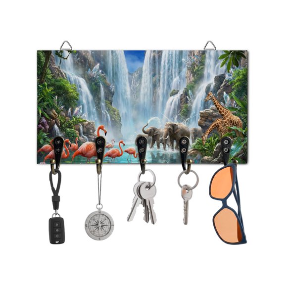 Key Holder for Wall Forest Animal Key Hooks Wood Wall Mounted Key Holder Majestic Waterfall Elephant Flamigo Key Rack Organizer with 5 Hooks for Entryway, Hallway Office Bathroom Kitchen Home Decor